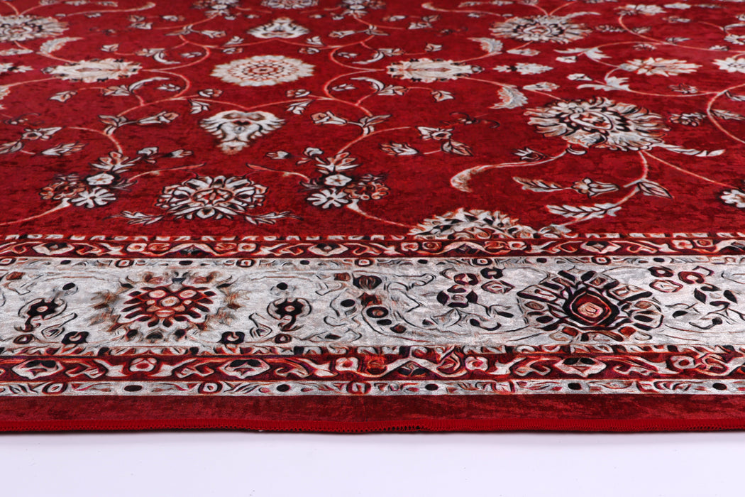 Divine Traditional Floral Border Red Non-Slip Rug