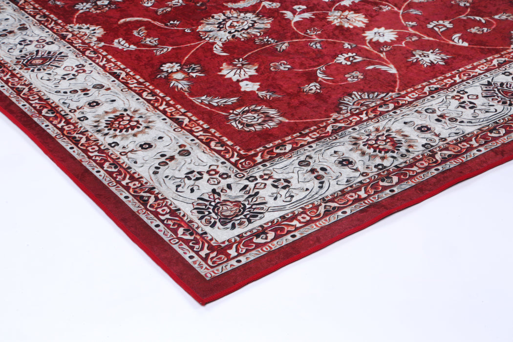 Divine Traditional Floral Border Red Non-Slip Rug