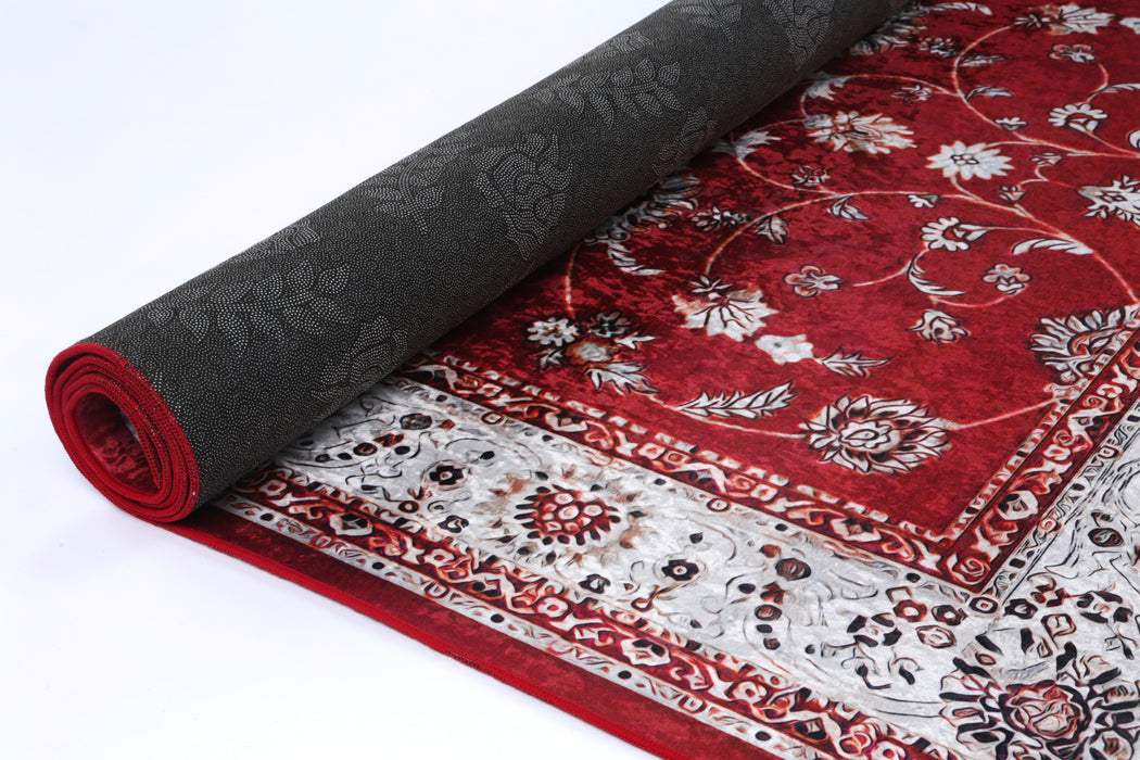 Divine Traditional Floral Border Red Non-Slip Rug