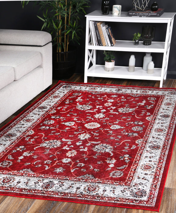 Divine Traditional Floral Border Red Non-Slip Rug