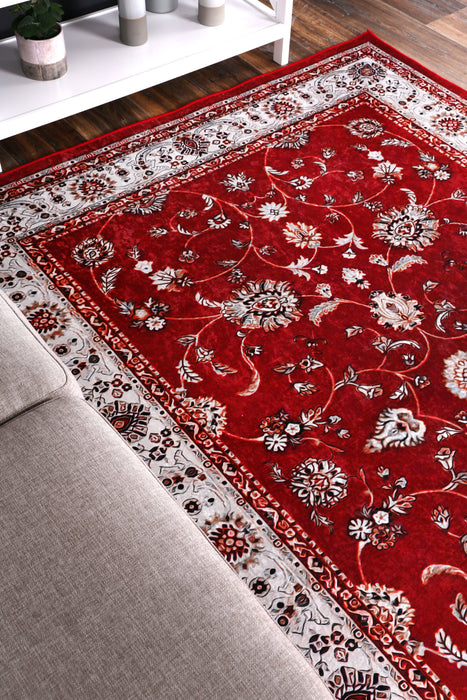 Divine Traditional Floral Border Red Non-Slip Rug