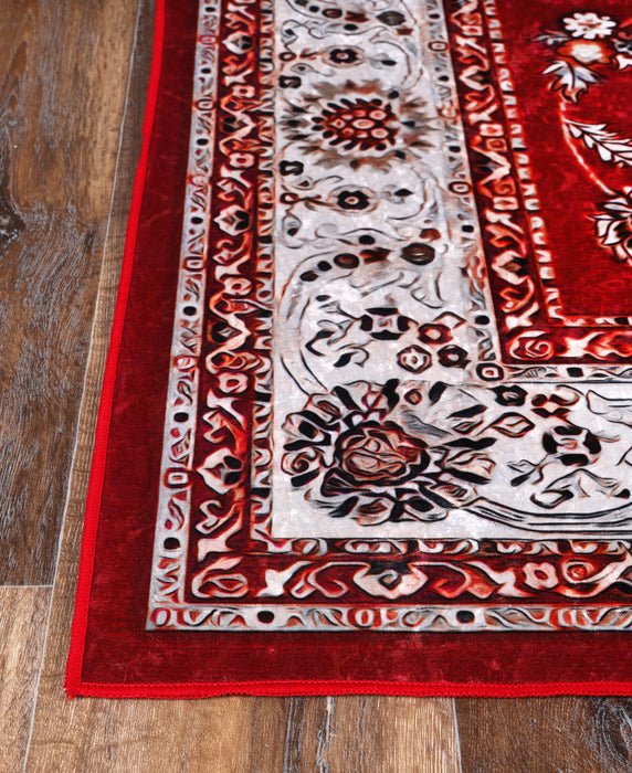 Divine Traditional Floral Border Red Non-Slip Rug