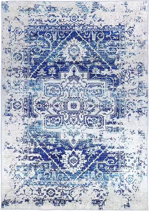 Divine Distressed Navy White Traditional Non-Slip Runner Rug