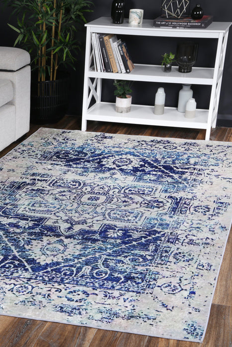 Divine Distressed Navy White Traditional Non-Slip Rug