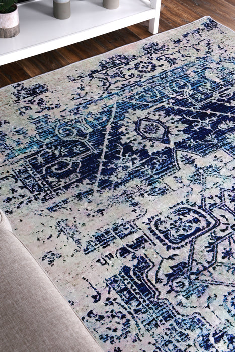 Divine Distressed Navy White Traditional Non-Slip Runner Rug