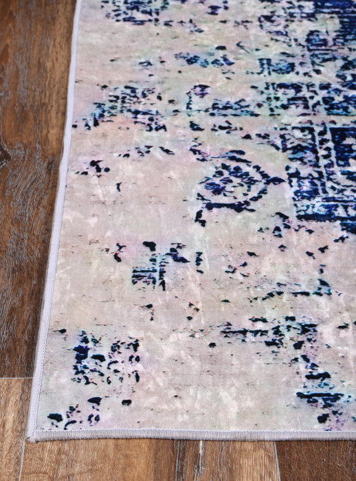 Divine Distressed Navy White Traditional Non-Slip Runner Rug