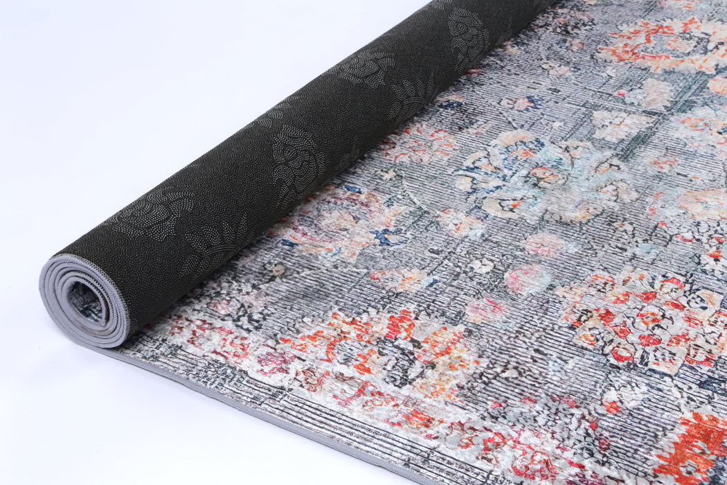 Divine Distressed Floral Grey Multi Non-Slip Runner Rug