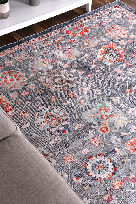 Divine Distressed Floral Grey Multi Non-Slip Runner Rug